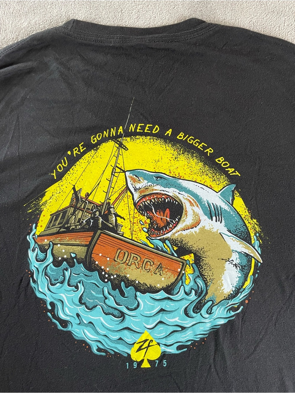 Zero Foxtrot Shirt Mens L Black Jaws Shark Orca Graphic Tee Bigger Boat •Holes